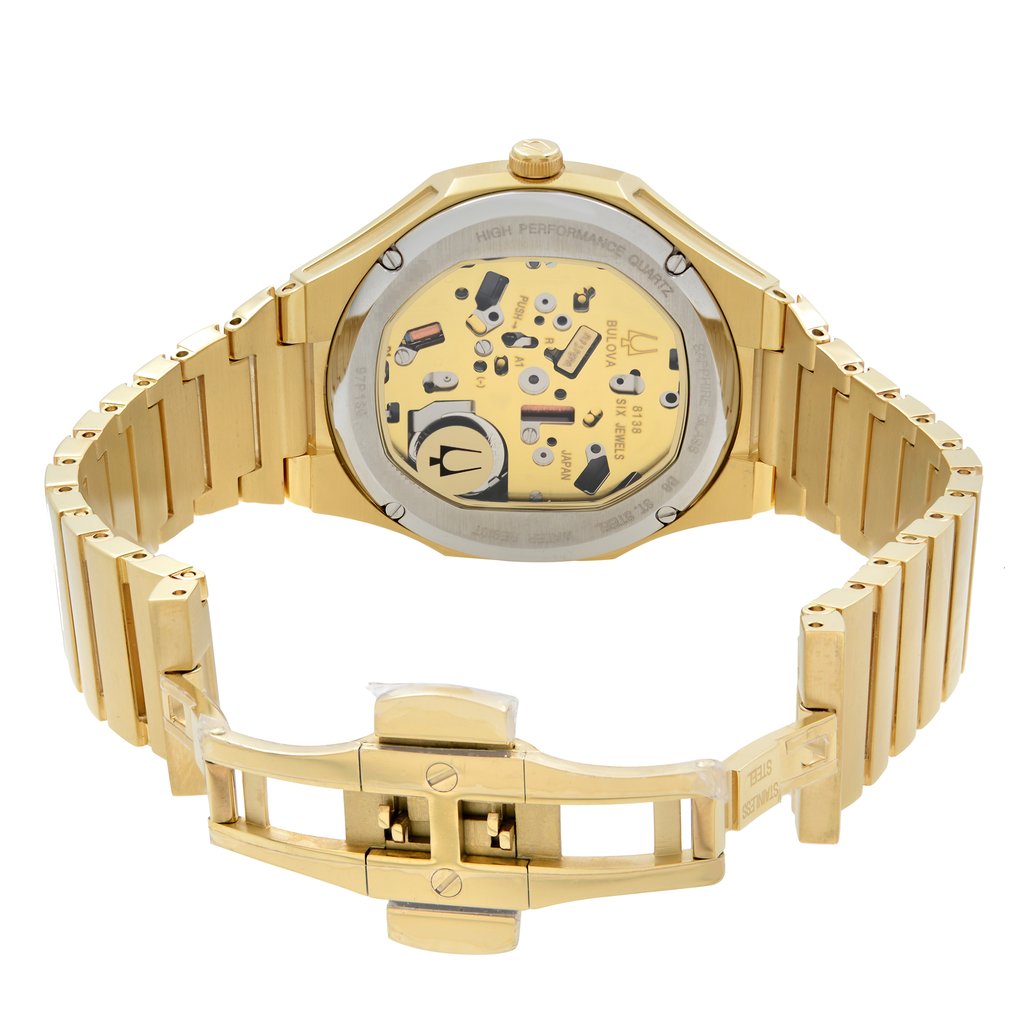 An image of a new Bulova women's wristwatch with an open clasp, showcasing the back view. The stainless steel caseback features an exhibition design, revealing the intricate inner workings. The round watch face is angled slightly to the left with the band extending upwards and the clasp opened to the right, all against a neutral background. The band is also made of stainless steel with a fold-over clasp and double push-button. Visible features include luminous hands. The distance is close enough to display the details of the watch's back and clasp mechanism clearly.