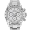 An image of a pre-owned men's Rolex wristwatch in good condition, presenting a front close-up view of the watch face. The watch features a round stainless steel case and band, with a white dial and gray bezel. There are small nicks visible on the bezel indicating minor signs of wear. The dial includes stick indexes, a 12-hour display, chronograph counters, luminous hands, and a small seconds subdial. The watch is positioned straight on and centered in the frame, providing a clear and detailed view of its features.