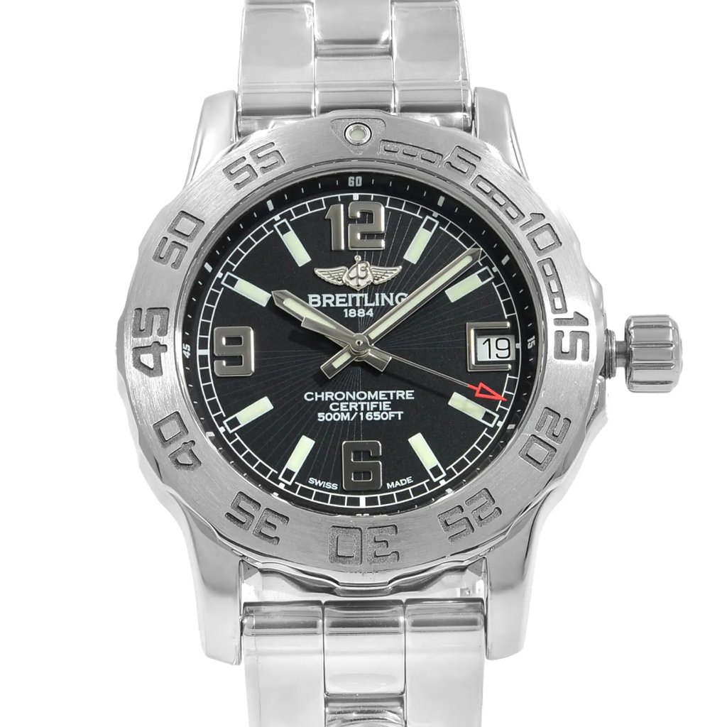 Up Close Front Facing Picture Of Breitling A7738711/BB51-158A Stainless Steel Watch Display Model Condition
