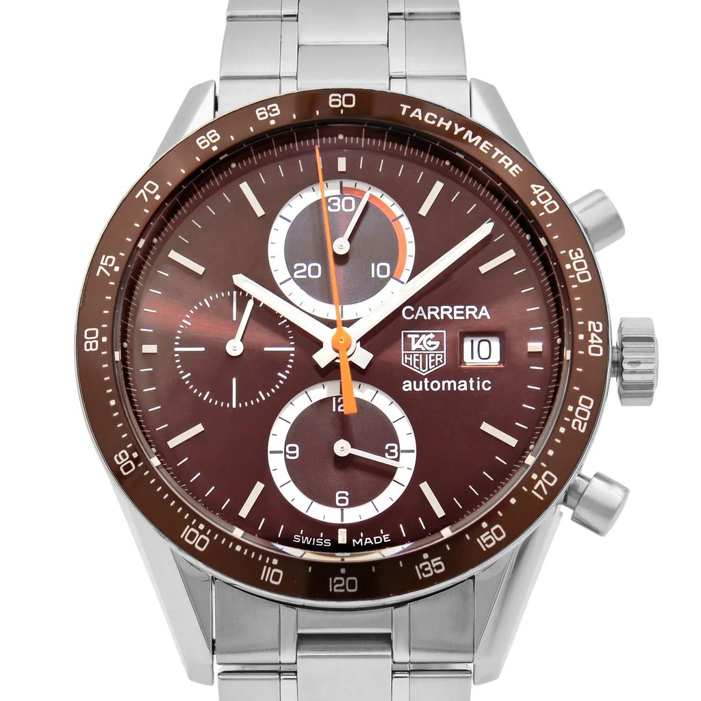 Up Close Front Facing Picture Of TAG Heuer CV2013.BA0794 Stainless Steel Watch Pre Owned Condition