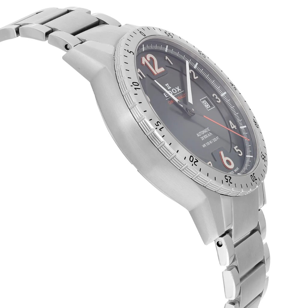 An image of a Wristwatch by Edox. This Display Model item is designed for Men, featuring a Casual style. It has a Mechanical (Automatic) movement and an Analog display with a Black dial color. The indices include 12-Hour Dial,Arabic Numerals. The band is made of Stainless Steel and the case is made of Stainless Steel. The watch has a Round shape with a case size of 45 mm and a case thickness of 12 mm.