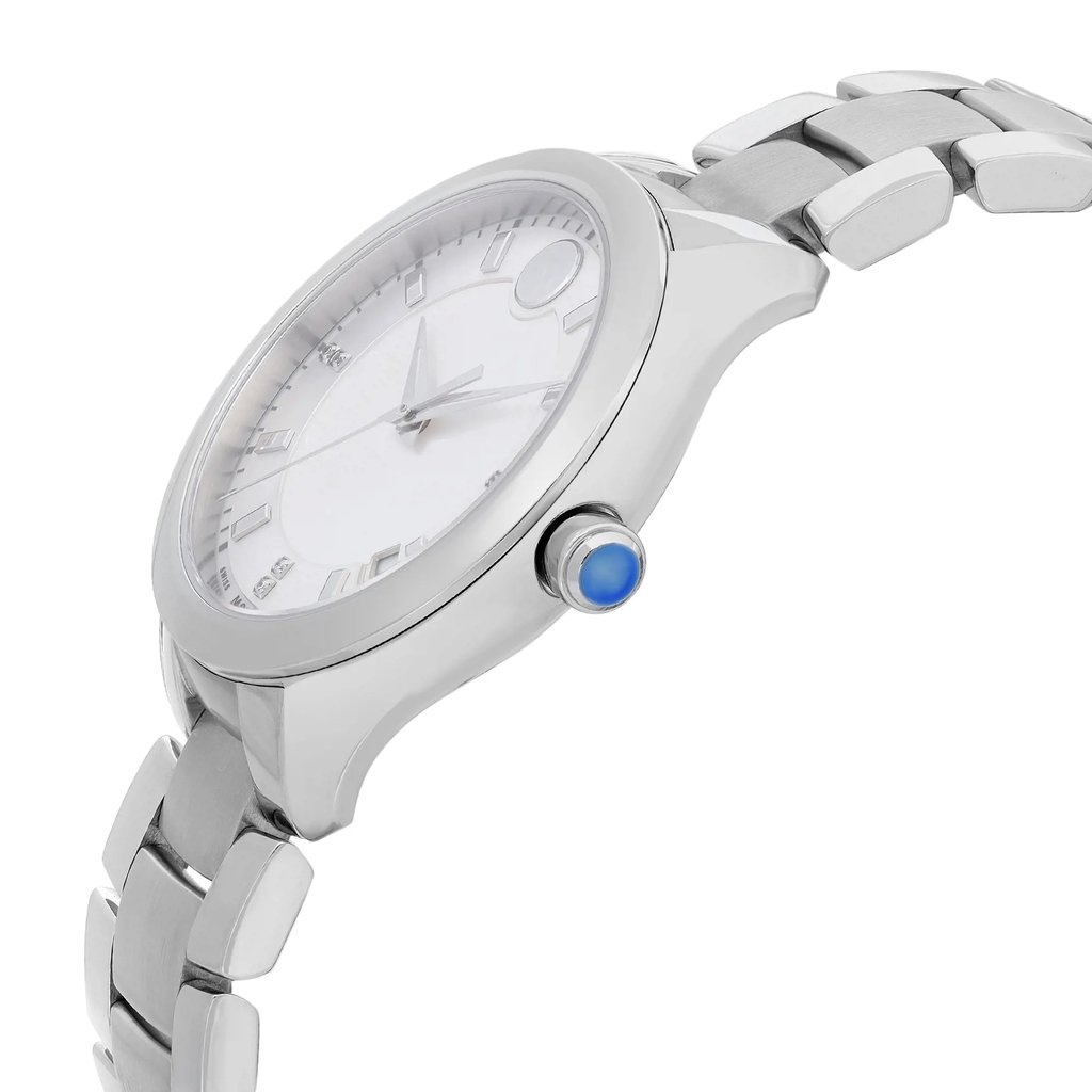 An image of a Wristwatch by Movado. This Display Model item is designed for Men, featuring a Casual style. It has a Quartz movement and an Analog display with a White dial color. The indices include 12-Hour Dial,Diamond Markers,Non-Numeric Hour Marks,Stick Indexes. The band is made of Stainless Steel and the case is made of Stainless Steel. The watch has a Round shape with a case size of 36 mm and a case thickness of 8 mm.