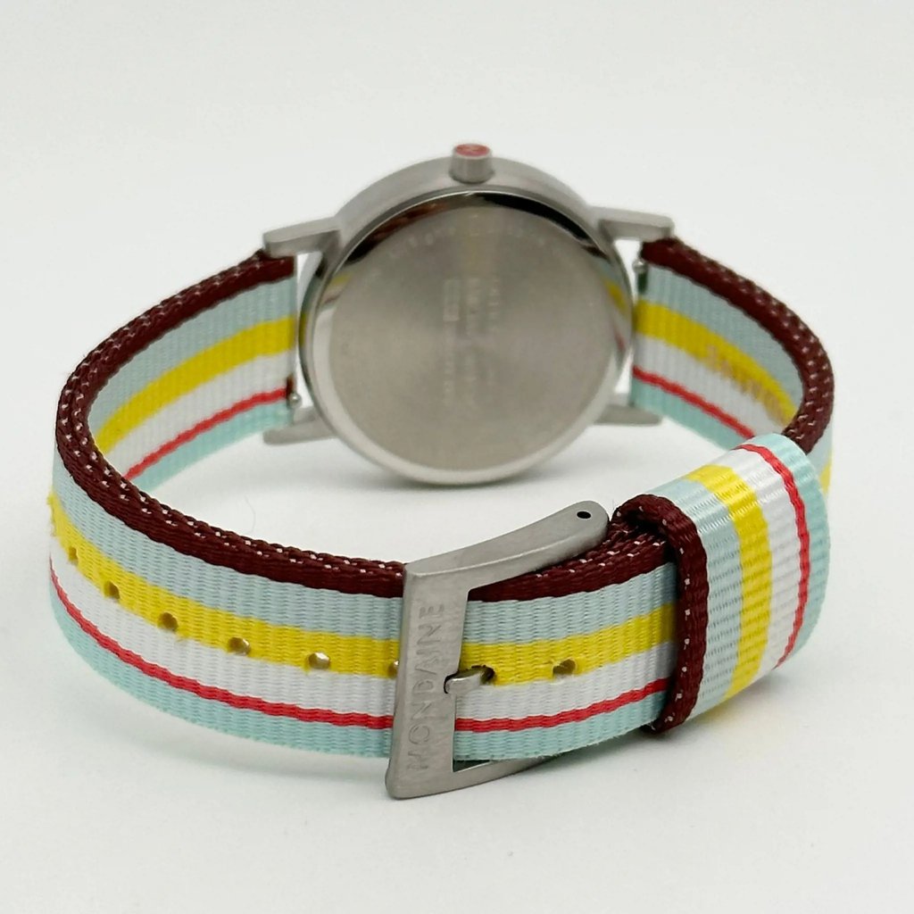 Back View Of Solid Back Case And Closed Nylon Band Of Mondaine A660.30360.16SBK Watch Display Model Condition