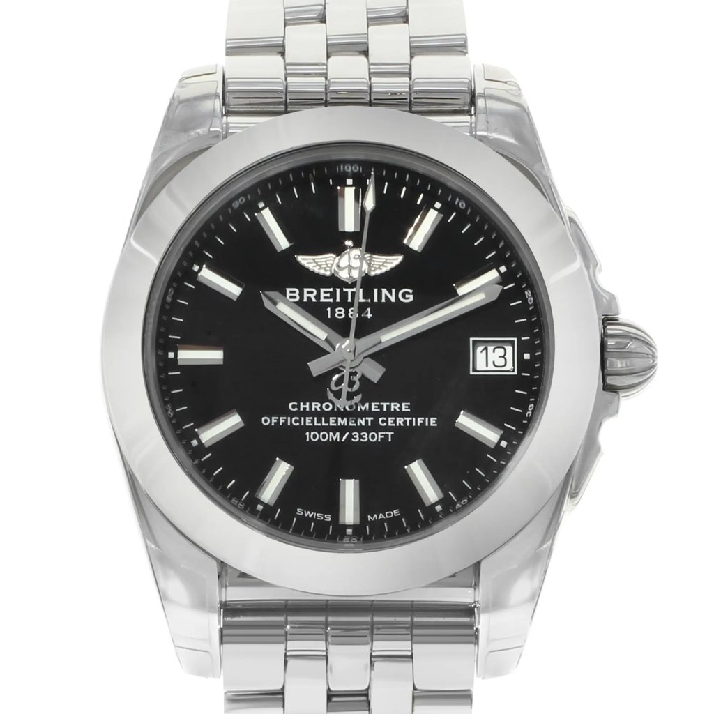 Up Close Front Facing Picture Of Breitling W7433012-BE08-376A Stainless Steel Watch Display Model Condition