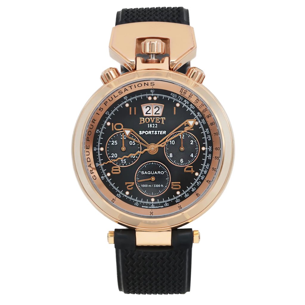 An image of a pre-owned wristwatch in a front full frontal view. The watch features a black dial with multiple subdials and gold-tone hour markers and hands. It has a rose gold case with a textured black strap. The image is taken from a close distance, highlighting the intricate details and design of the timepiece.