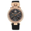 An image of a pre-owned wristwatch in a front full frontal view. The watch features a black dial with multiple subdials and gold-tone hour markers and hands. It has a rose gold case with a textured black strap. The image is taken from a close distance, highlighting the intricate details and design of the timepiece.