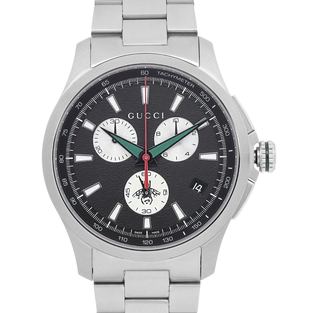 Up Close Front Facing Picture Of Gucci YA126267 Stainless Steel Watch Pre Owned Condition