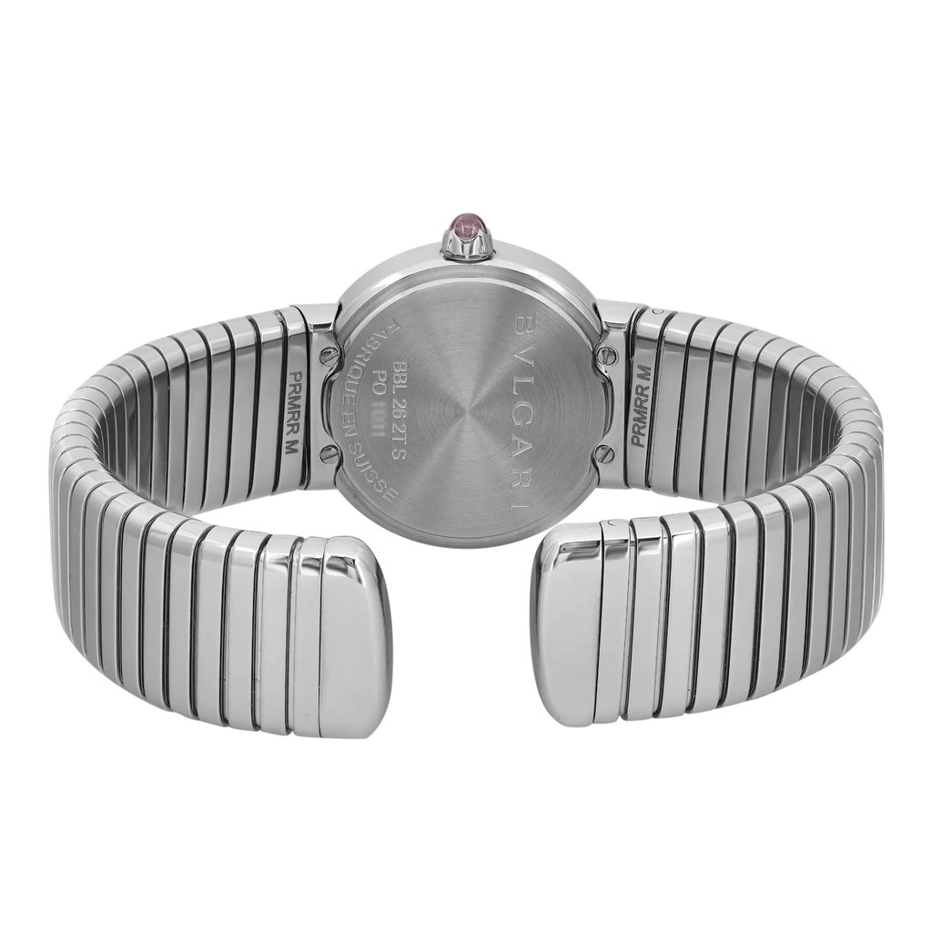 An image of a Bvlgari women's wristwatch, displaying the back view with an open clasp. The watch features a round case and band made of stainless steel, shown from a direct rear perspective at a close distance, highlighting the snap caseback and the brand engraving. The watch appears as a display model, resting against a plain background for clear visibility of its design. The band may show light blemishes due to store handling. 