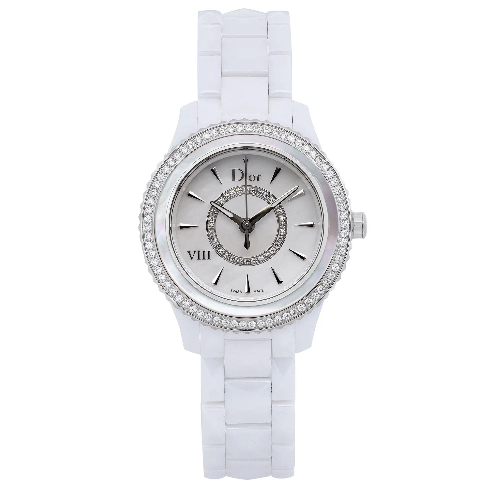 An image of a Wristwatch by Dior. This Display Model item is designed for Women, featuring a Luxury style. It has a Quartz movement and an Analog display with a White dial color. The indices include 12-Hour Dial,Arrow Markers,Non-Numeric Hour Marks. The band is made of Ceramic and the case is made of Ceramic. The watch has a Round shape with a case size of 33 mm and a case thickness of 10 mm.