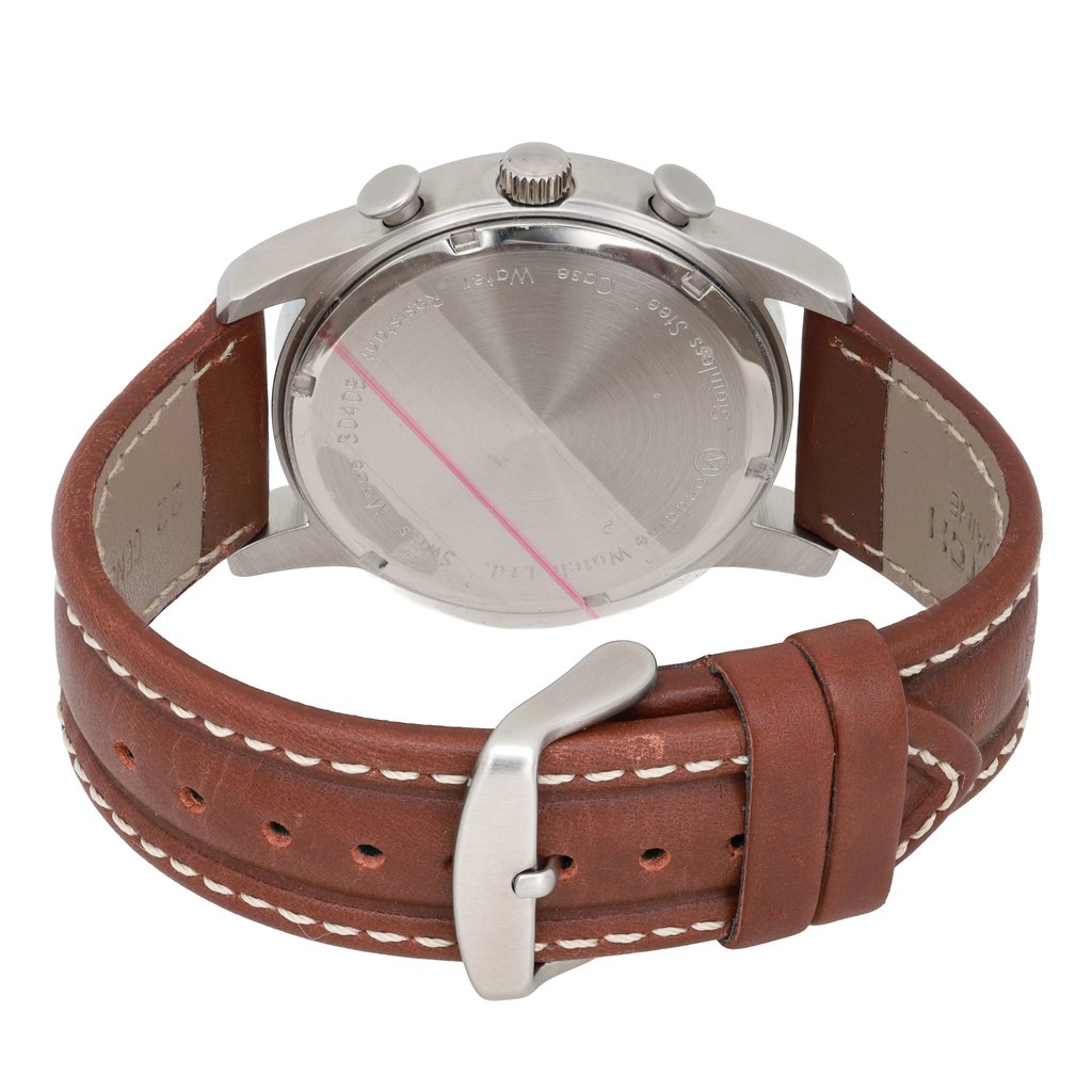 Back View Of Solid Back Case And Closed Leather Band Of M-Watch WBL.08420.LG Watch Pre Owned Condition