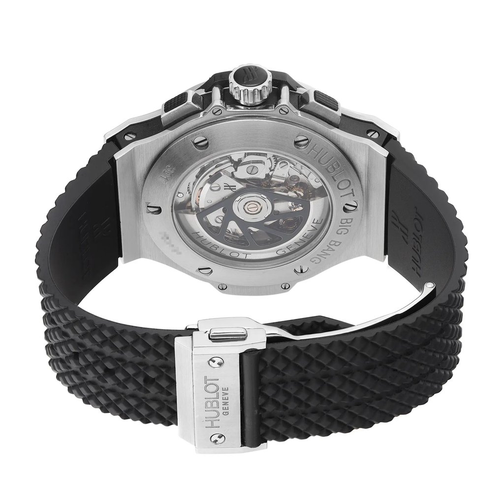 Back View Of Exhibition Back Case And Closed Rubber Band Of Hublot 301.SX.130.RX Watch Pre Owned Condition