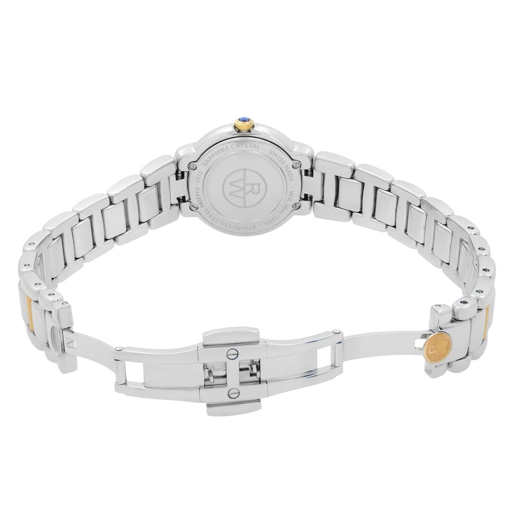 An image of a Raymond Weil women's wristwatch, displayed from the back view with an open clasp. The watch is positioned horizontally, showcasing the solid stainless steel caseback, and the stainless steel band with a fold-over clasp with a double push button. The round case and band are made of polished stainless steel, highlighting the watch's unworn condition. The photo is taken at a close range, providing a clear perspective of the clasp mechanism and the detailed engravings on the caseback.