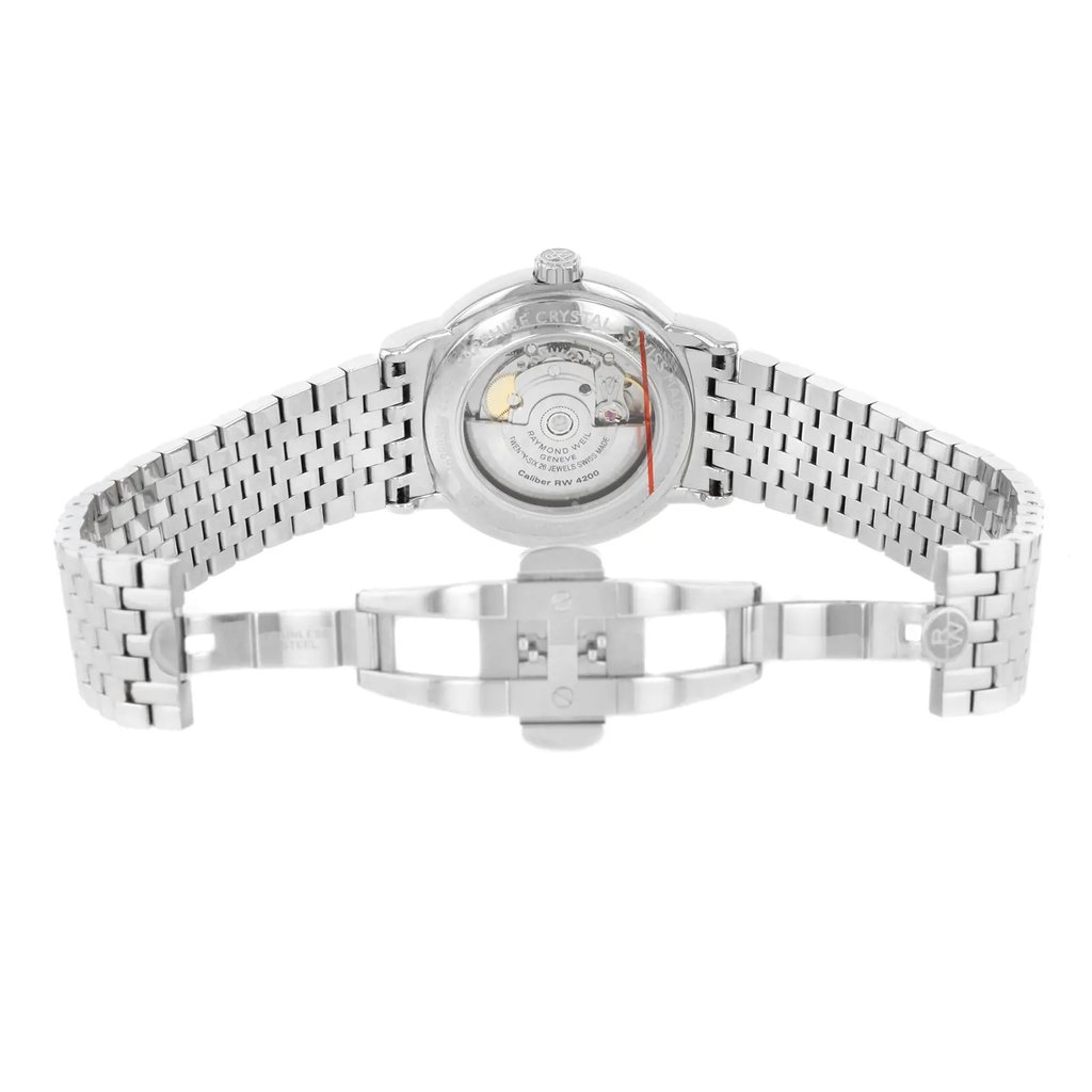 Back View Of Exhibition Back Case And Open Stainless Steel Band Of RAYMOND WEIL 2837-ST-00609 Watch Display Model Condition