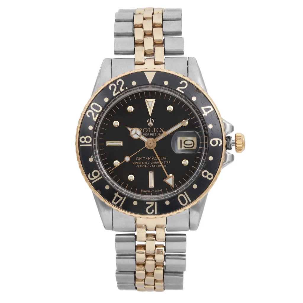 An image of a pre-owned wristwatch taken from a front full frontal view. The watch features a round black dial with a date window and a two-tone metal bracelet. The bezel displays a 24-hour scale. The watch is positioned upright, centered, and captured at a close distance to highlight its details.