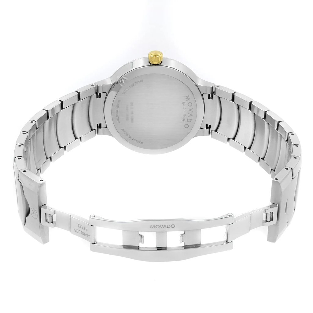 Back View Of Snap Back Case And Open Stainless Steel Band Of Movado 0607043 Watch New With Defects Condition