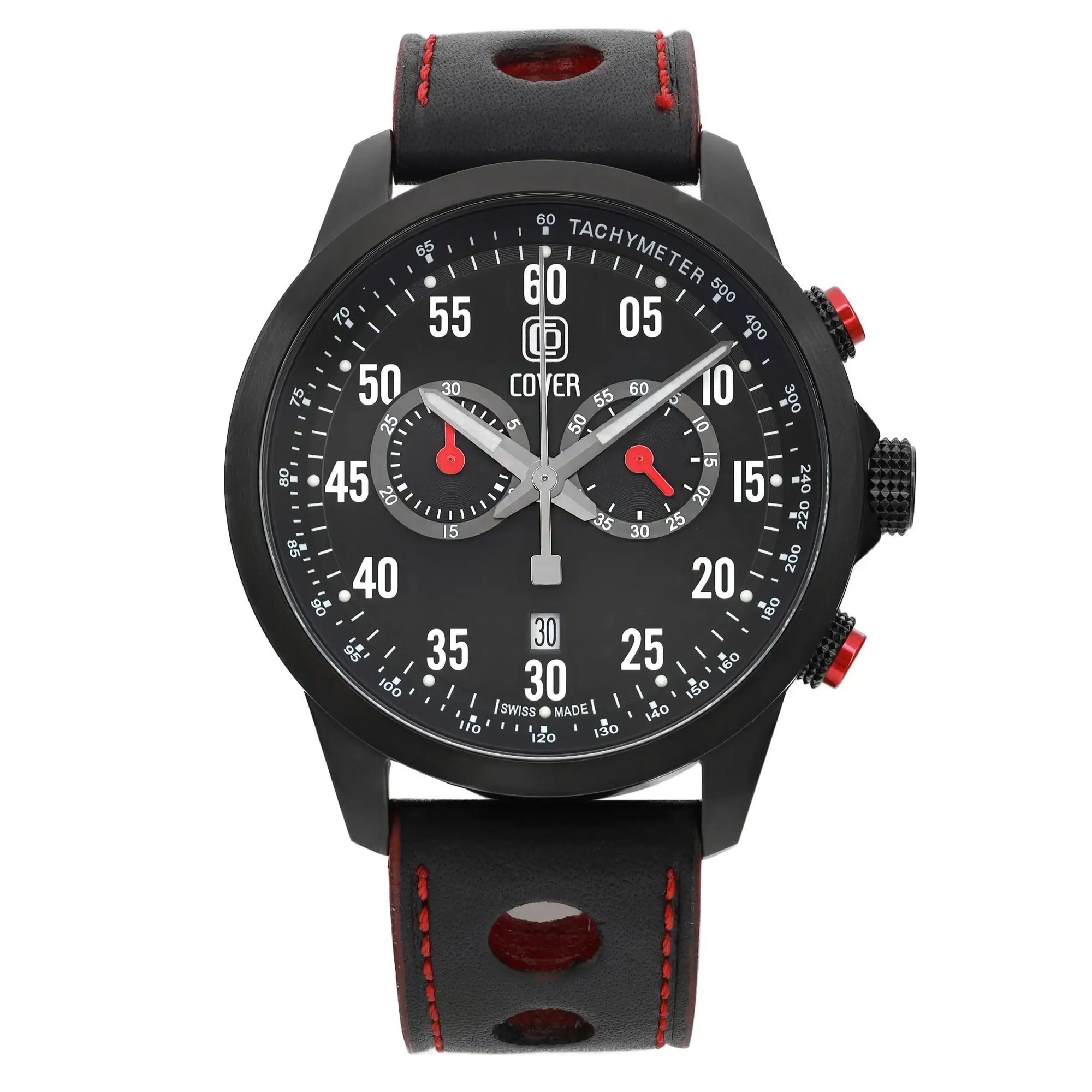 An image of a men's COVER wristwatch, shown in a front-facing position at a straight angle. The watch features a chronograph, date indicator, luminous hands, and a small seconds subdial. It has a black dial with white and red accents and a black leather strap with red stitching. The watch is displayed at a close distance, highlighting its details and features.