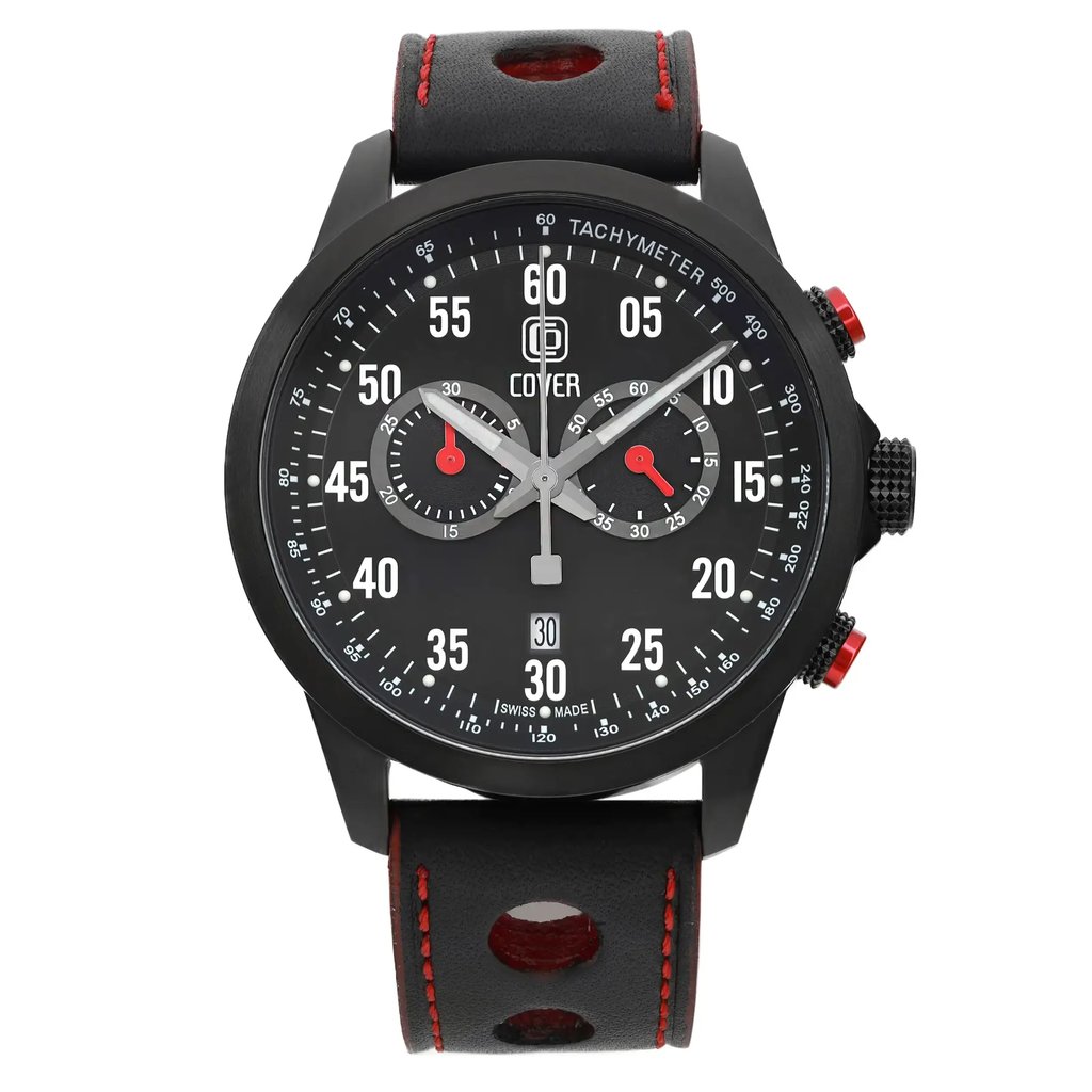An image of a men's COVER wristwatch, shown in a front-facing position at a straight angle. The watch features a chronograph, date indicator, luminous hands, and a small seconds subdial. It has a black dial with white and red accents and a black leather strap with red stitching. The watch is displayed at a close distance, highlighting its details and features.