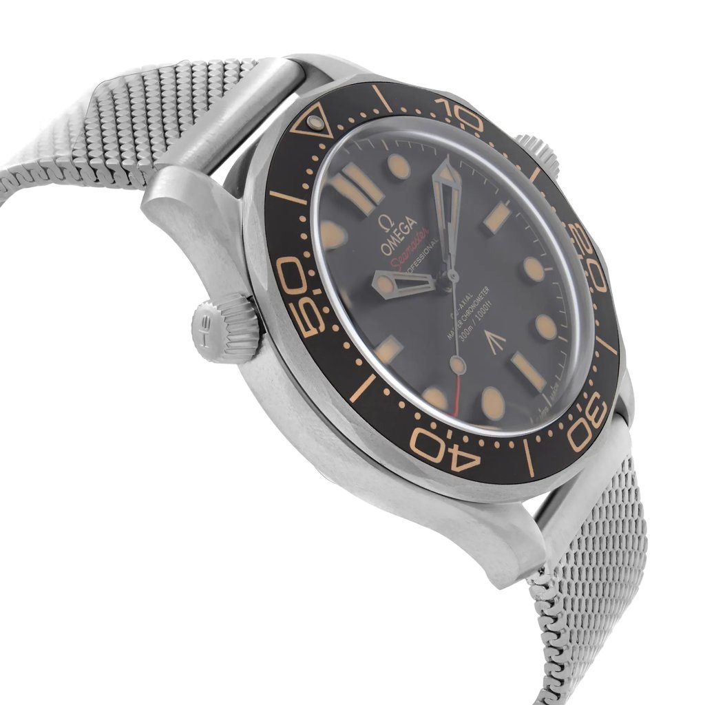 An image of a luxury men's OMEGA wristwatch in display model condition, shown from a side profile view opposite the crown. The round titanium case and the titanium band are visible, with a black dial and black bezel. The watch features luminous hands and is taken from a close angle, highlighting the brand name and watch details.