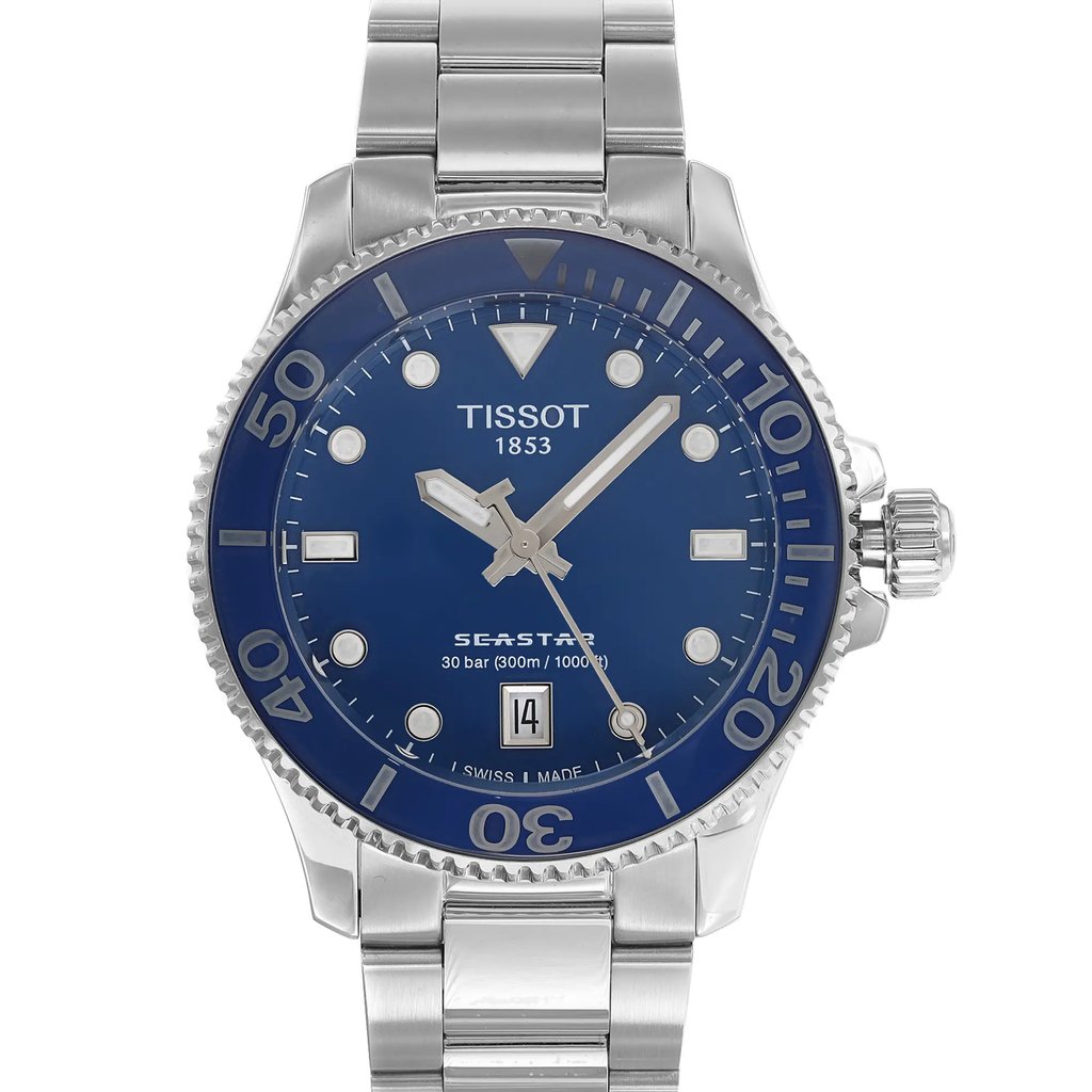 An image of a Wristwatch by Tissot. This Pre Owned item is designed for Women, featuring a Casual style. It has a Quartz movement and an Analog display with a Blue dial color. The indices include 12-Hour Dial,Round Indexes. The band is made of Stainless Steel and the case is made of Stainless Steel. The watch has a Round shape with a case size of 36 mm and a case thickness of 10 mm.