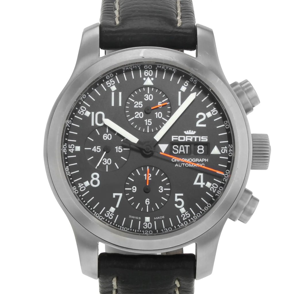 Up Close Front Facing Picture Of Fortis 635.10.11 L.01 Stainless Steel Watch Pre Owned Condition