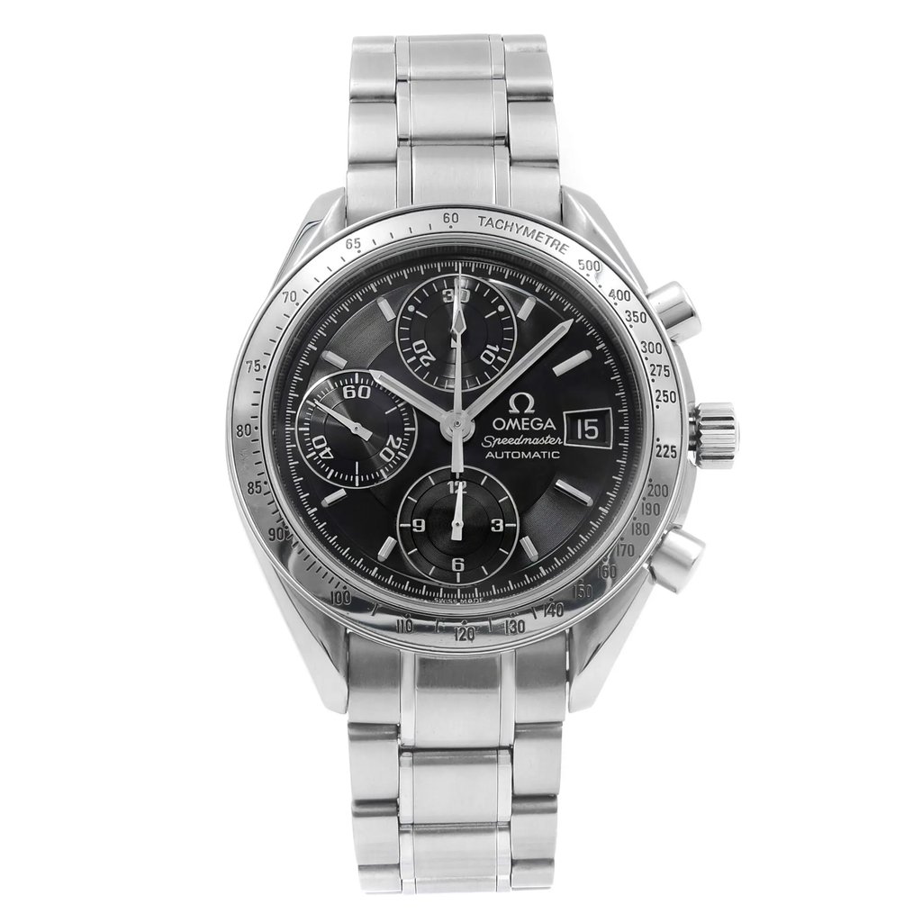 An image of a pre-owned OMEGA men's wristwatch in good condition, presented in a front full frontal view. The watch features a round stainless steel case and bezel, the latter with a minor dent, alongside a stainless steel band. It has a black dial with multi-dial, non-numeric hour marks, and sticks indices. The sport-style watch includes a chronograph, date indicator at the 3 o'clock position, and luminous hands. The tachymeter on the bezel and the OMEGA logo are also visible. The image is taken from a medium distance, showing the watch head-on, allowing a clear view of all details.
