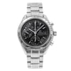 An image of a pre-owned OMEGA men's wristwatch in good condition, presented in a front full frontal view. The watch features a round stainless steel case and bezel, the latter with a minor dent, alongside a stainless steel band. It has a black dial with multi-dial, non-numeric hour marks, and sticks indices. The sport-style watch includes a chronograph, date indicator at the 3 o'clock position, and luminous hands. The tachymeter on the bezel and the OMEGA logo are also visible. The image is taken from a medium distance, showing the watch head-on, allowing a clear view of all details.