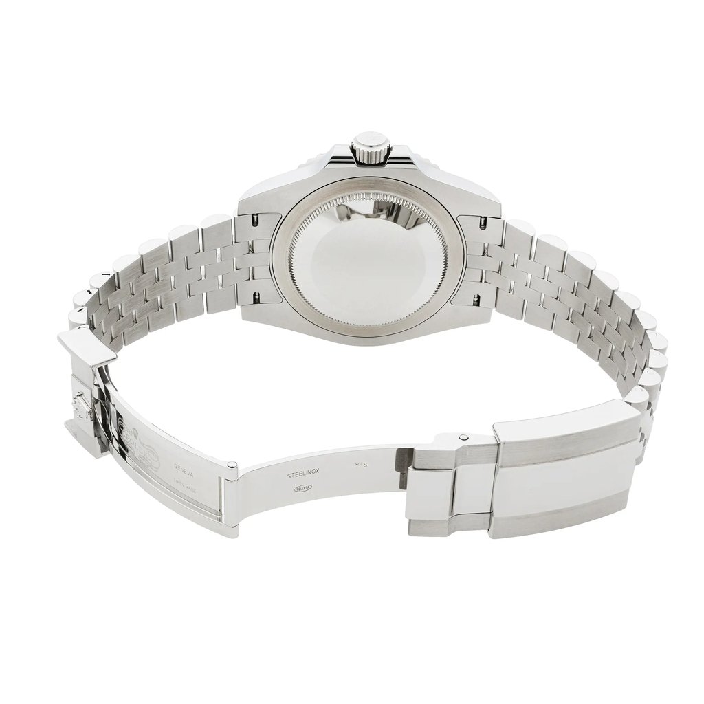 Back View Of Snap Back Case And Open Stainless Steel Band Of Rolex 126710BLRO Watch Pre Owned Condition