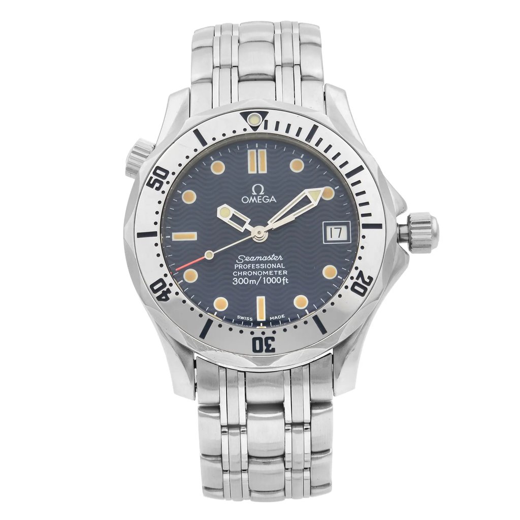 An image of a Wristwatch by OMEGA. This Pre Owned item is designed for Men, featuring a Casual style. It has a Mechanical (Automatic) movement and an Analog display with a Blue dial color. The indices include 12-Hour Dial,Round Indexes. The band is made of Stainless Steel and the case is made of Stainless Steel. The watch has a Round shape with a case size of 36 mm and a case thickness of 11 mm.