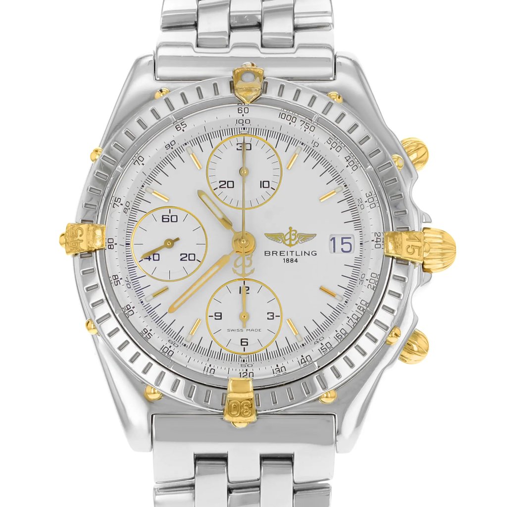 Up Close Front Facing Picture Of Breitling B13050 Stainless & Solid Gold Watch Pre Owned Condition