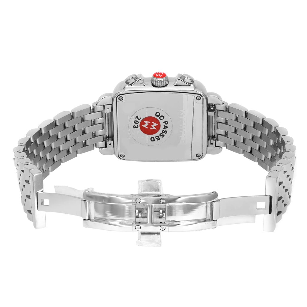 Back View Of Screwback Back Case And Open Stainless Steel Band Of MICHELE MW06P01A1046 Watch Unworn Condition