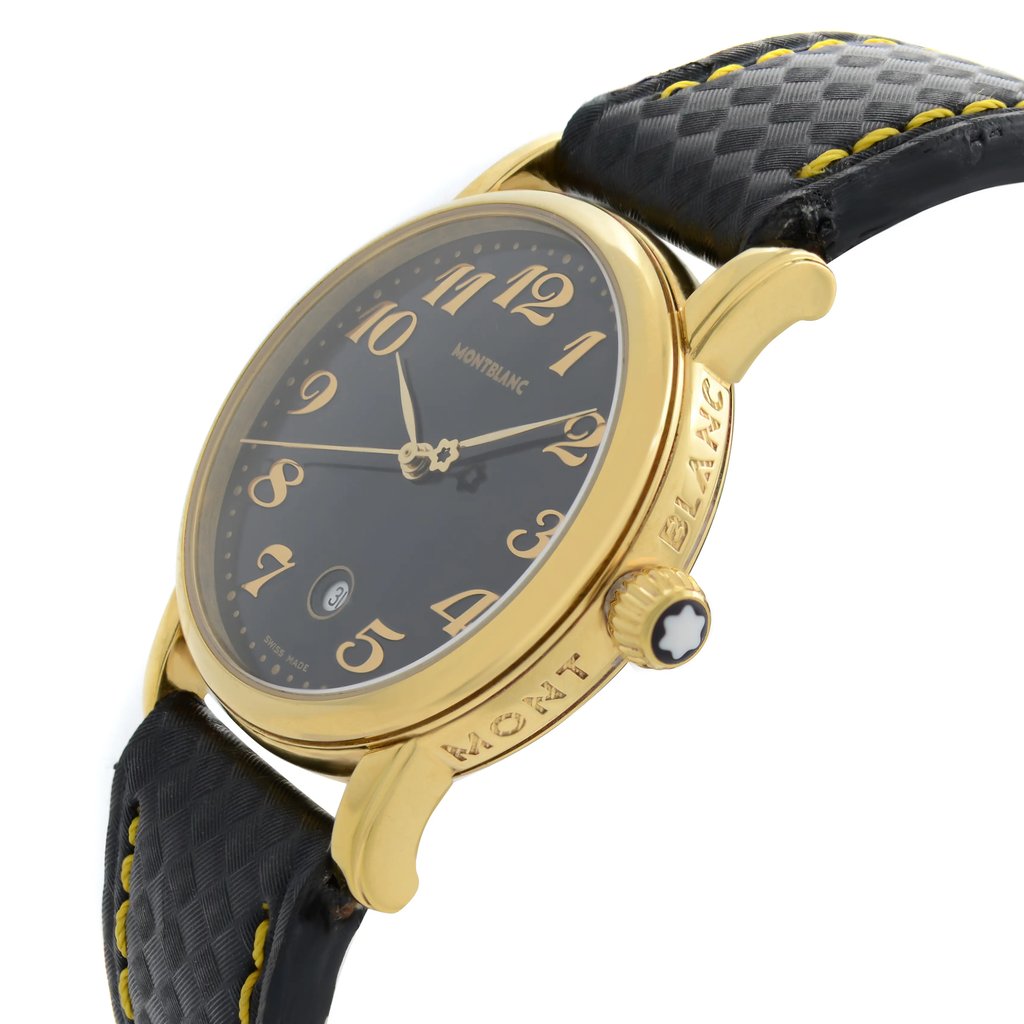 An image of a pre-owned Montblanc women's wristwatch in a dress/formal style, presented in a side profile view with the crown visible. The round stainless steel case has a gold tone with micro scratches visible upon close inspection, and the watch features a black dial with a date indicator. The leather band is black with yellow stitching and shows minor wear signs and rips on the edges. The watch is positioned at an angle that emphasizes the side of the case and the texture of the band, with the watch filling the frame, providing a clear view of its condition and design.