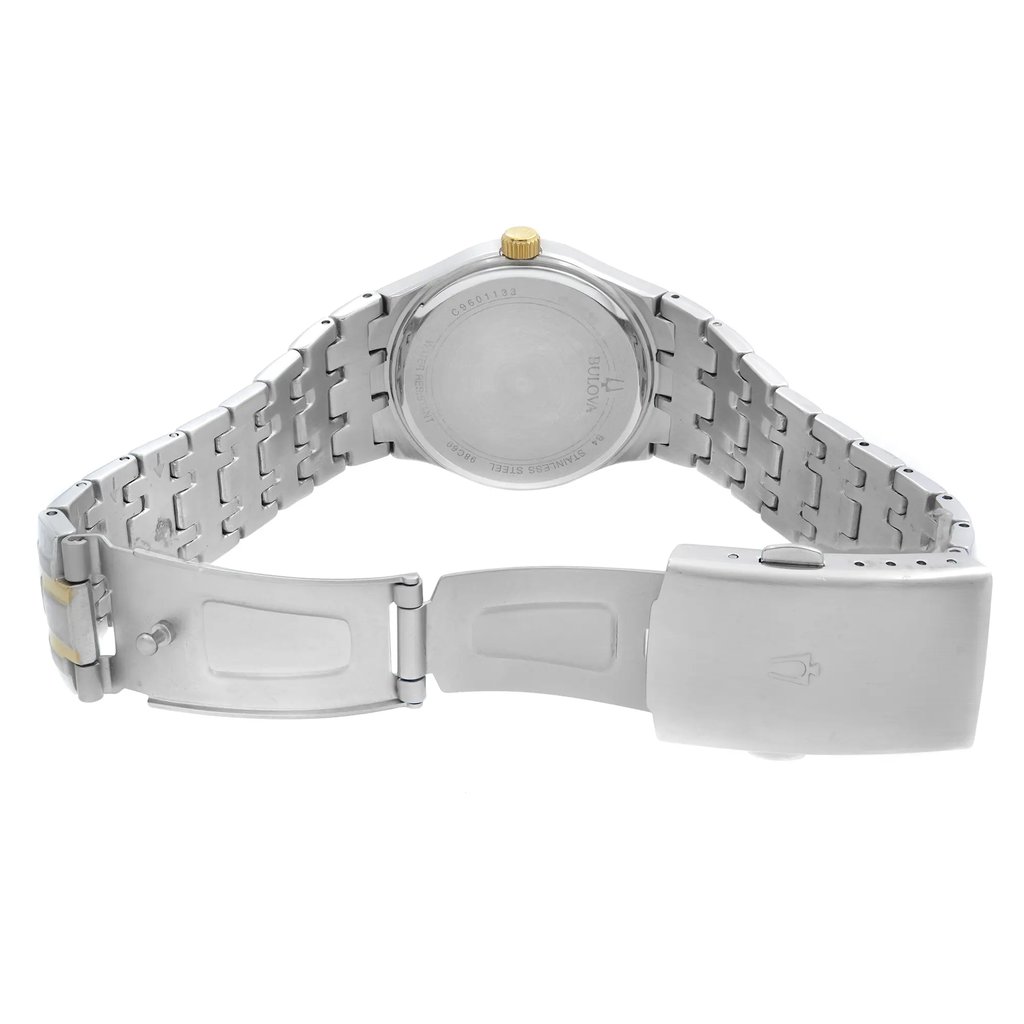 An image of a pre-owned Bulova men's wristwatch, showcasing the back view with an open clasp. The round stainless steel case has a snap caseback, visible at the center. The stainless steel band is connected to a fold-over clasp with double push buttons, partially deployed. The watch is photographed from a direct rear angle with the watch positioned horizontally across the frame, providing a clear view of the band's structure and the caseback's details.