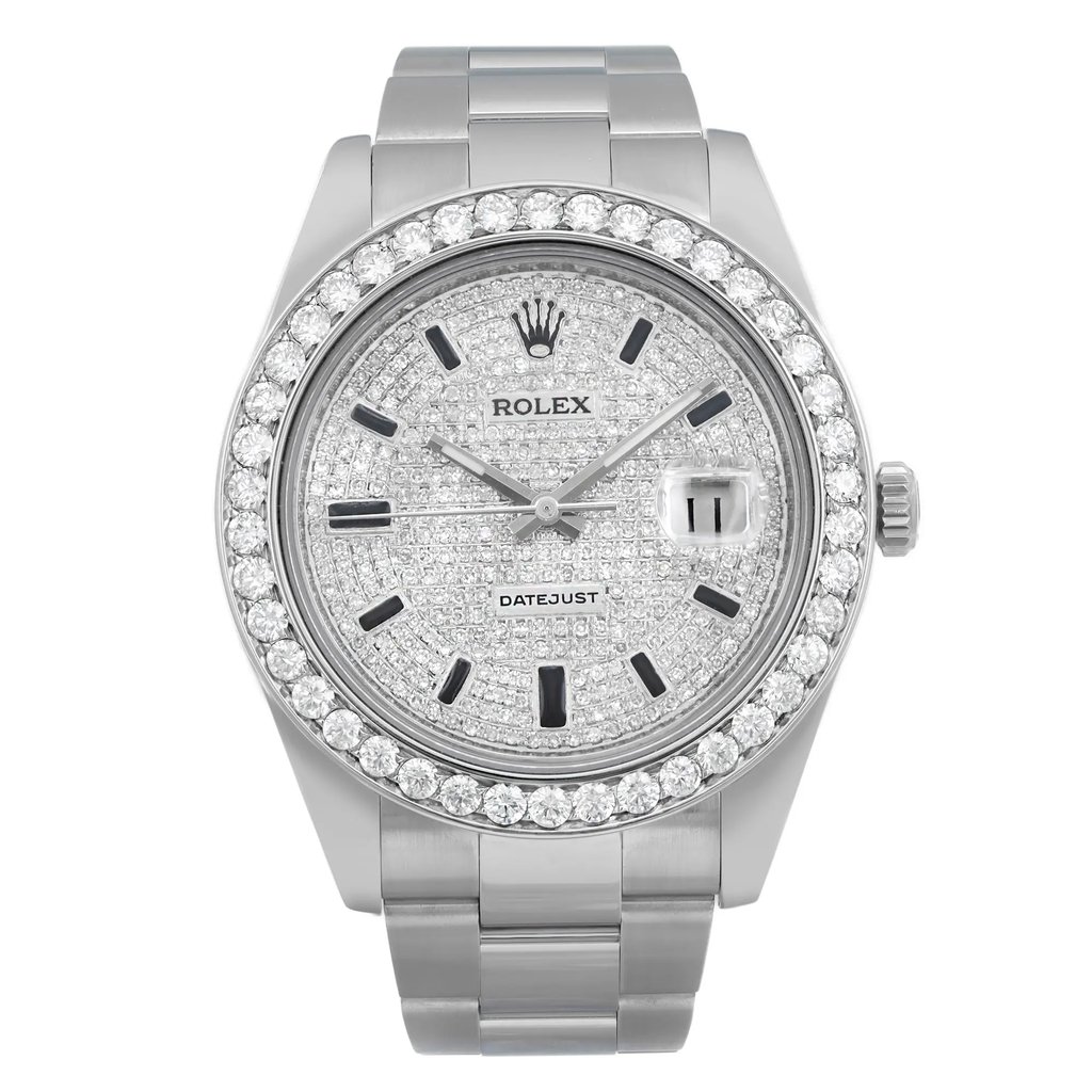 An image of a pre-owned wristwatch taken from a full frontal view. The watch is positioned directly facing the camera, showcasing its detailed design. The face is adorned with a diamond bezel and a fully encrusted dial. The stainless steel bracelet is visible, highlighting the watch's luxurious appearance.