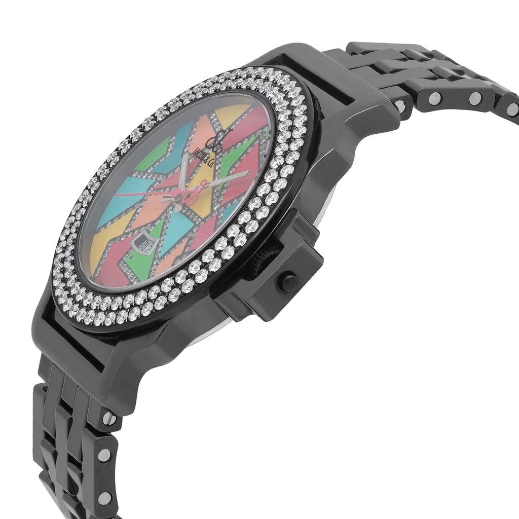 An image of a Wristwatch by JACOB & Co.. This Pre Owned item is designed for Unisex Adult, featuring a Luxury style. It has a Quartz movement and an Analog display with a Multicolor dial color. The indices include 12-Hour Dial,No Hour Marks,Non-Numeric Hour Marks,Seconds Hand. The band is made of Ceramic and the case is made of Ceramic. The watch has a Round shape with a case size of 38 mm and a case thickness of 8 mm.