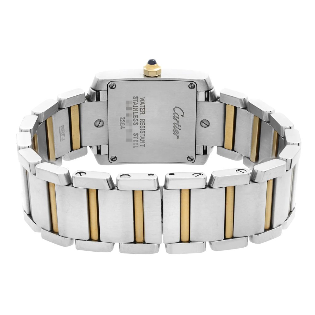 An image of a pre-owned Cartier women's wristwatch shown from the back view with the clasp closed. The watch features a stainless steel screwback case and a band made of alternating stainless steel and rose gold links, displayed at a close angle. The rectangular-shaped case is in the center with the brand name "Cartier" engraved on the caseback. 