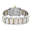 An image of a pre-owned Cartier women's wristwatch shown from the back view with the clasp closed. The watch features a stainless steel screwback case and a band made of alternating stainless steel and rose gold links, displayed at a close angle. The rectangular-shaped case is in the center with the brand name "Cartier" engraved on the caseback. 