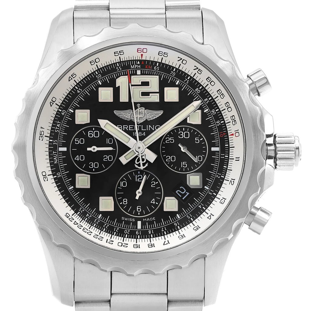 An image of a pre-owned Breitling wristwatch for men, showcasing a front close-up view of the watch face at a direct angle. The watch features a round shape with a black dial, stainless steel bezel, case, and band. The luxury style is evident with square indexes and Arabic numerals marking the 12-hour dial, along with additional sub-dials. The watch is in good condition and the entire composition is centered within the frame, providing a clear view of the watch details. The watch is pre-owned and may show signs of wear and scratches.