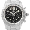 An image of a pre-owned Breitling wristwatch for men, showcasing a front close-up view of the watch face at a direct angle. The watch features a round shape with a black dial, stainless steel bezel, case, and band. The luxury style is evident with square indexes and Arabic numerals marking the 12-hour dial, along with additional sub-dials. The watch is in good condition and the entire composition is centered within the frame, providing a clear view of the watch details. The watch is pre-owned and may show signs of wear and scratches.