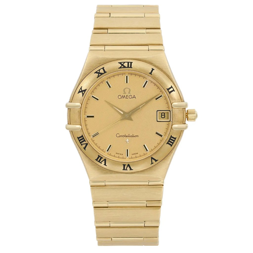 An image of a pre-owned wristwatch taken from a front full frontal view. The watch has a gold-tone bracelet and a round dial with Roman numerals. The watch face includes a date window on the right side. The timepiece is centered in the image, showcasing its design and details clearly.