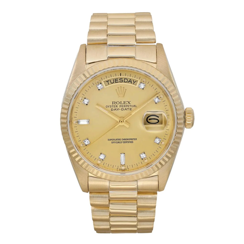 An image of a pre-owned Rolex men's wristwatch in good condition, presented in a full frontal view. The luxury watch features a round yellow gold case and bracelet with visible light scratches due to age. It has a gold sunburst dial with stick indexes and a day/date display at the 12 and 3 o'clock positions respectively. The bezel is also gold, and the watch showcases luminous hands and a 12-hour dial with a seconds hand. The piece is positioned centrally and captured from a close, straight-on angle to clearly show the watch's details and design.