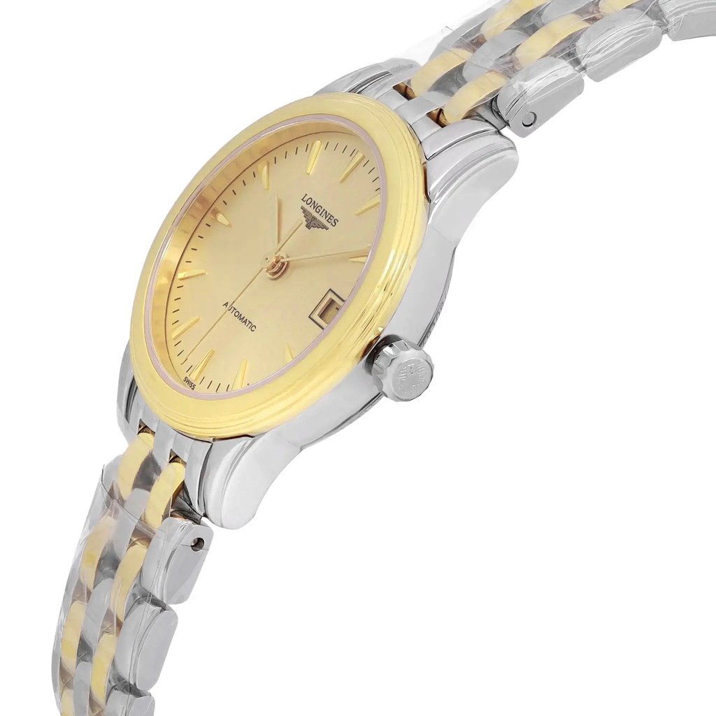 An image of a new wristwatch viewed from the side profile, focusing on the crown. The watch features a gold-toned dial with a matching bezel and a two-tone metal bracelet. The angle highlights the sleek design and craftsmanship of the timepiece.
