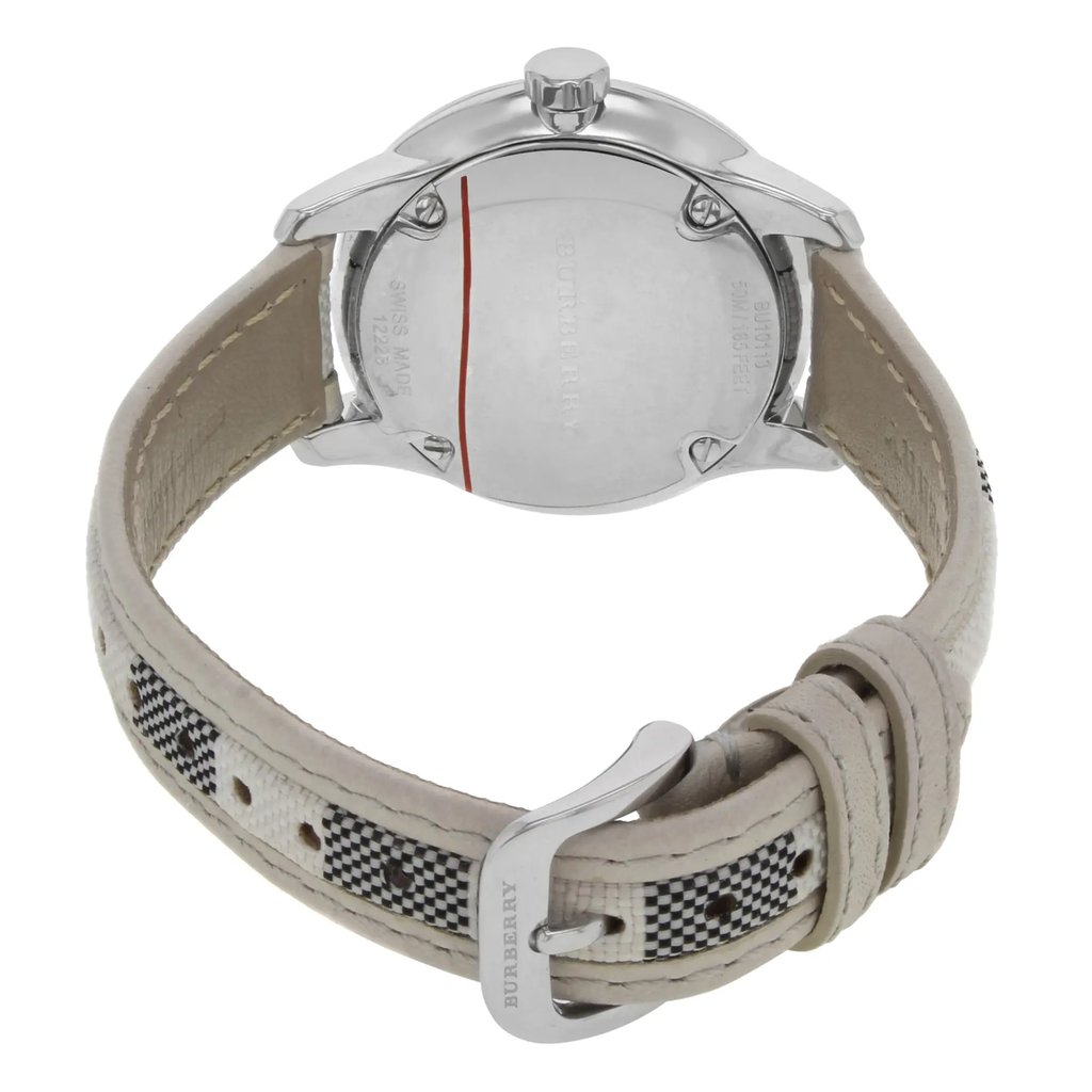 Back View Of Screwback Back Case And Closed Leather Band Of Burberry BU10113 Watch Display Model Condition