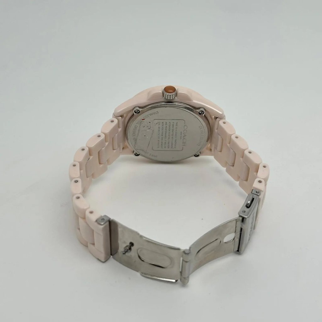 Back View Of Screwback Back Case And Open Ceramic Band Of Coach 14503939 Watch Pre Owned Condition