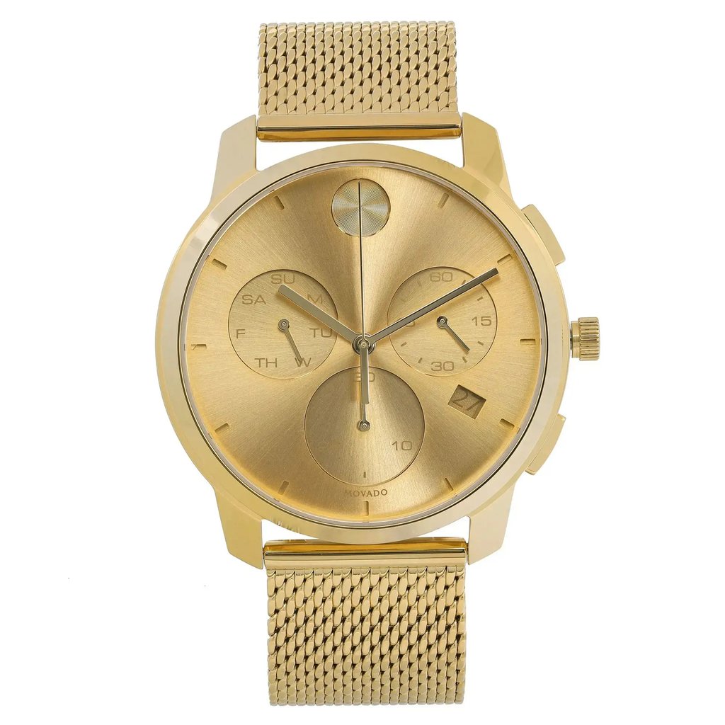 An image of a pre-owned wristwatch taken from a front full frontal view, showcasing the entire face and band. The watch features a gold-toned dial with three subdials and minimalist hour markers. The watch case and mesh strap are also gold-toned, creating a cohesive, elegant appearance. The photograph captures the watch at a close distance, highlighting its details and design features.