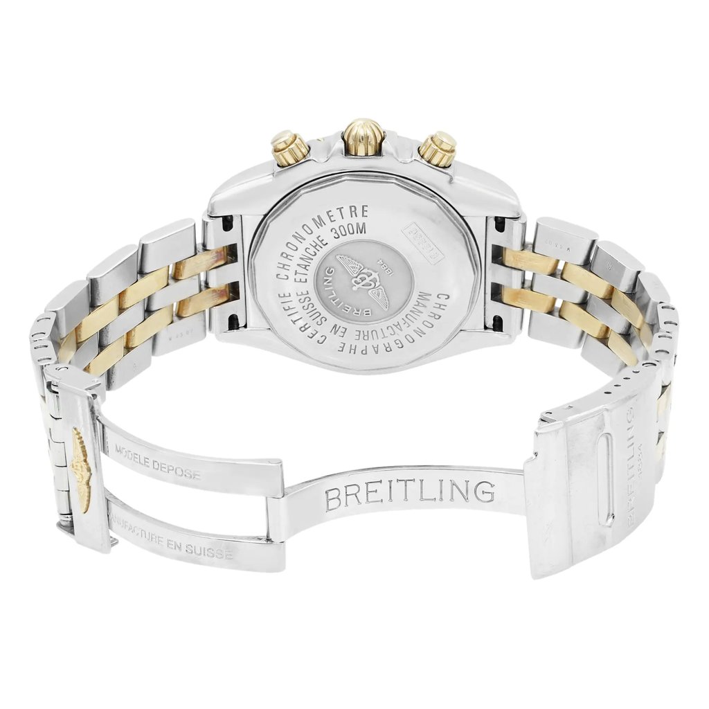 Back View Of {Caseback} Back Case And Open Stainless and Solid Gold Band Of Breitling B13356/C646-372D Watch Pre Owned Condition