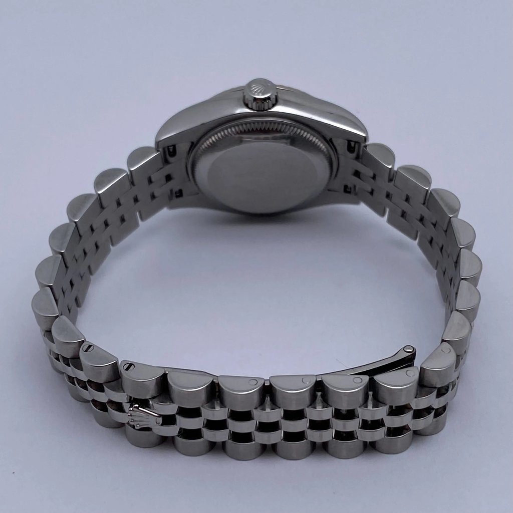Back View Of Screwback Back Case And Closed Stainless Steel Band Of Rolex 179174 Watch Pre Owned Condition