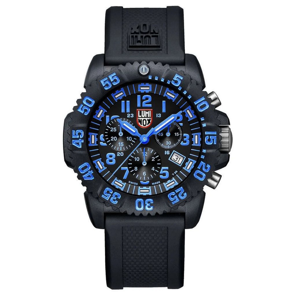 An image of a Wristwatch by Luminox. This Display Model item is designed for Men, featuring a Casual,Diver,Military style. It has a Quartz movement and an Analog display with a Black dial color. The indices include 12-Hour Dial,Arabic Numerals,Easy to Read/Large Numerals,Multi Dial. The band is made of Rubber and the case is made of Carbon. The watch has a Round shape with a case size of 44 mm and a case thickness of 15 mm.