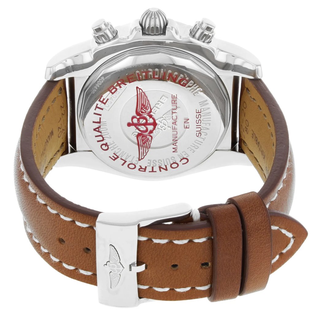 Back View Of {Caseback} Back Case And Closed Leather Band Of Breitling AB042011/Q589-437X Watch Display Model Condition