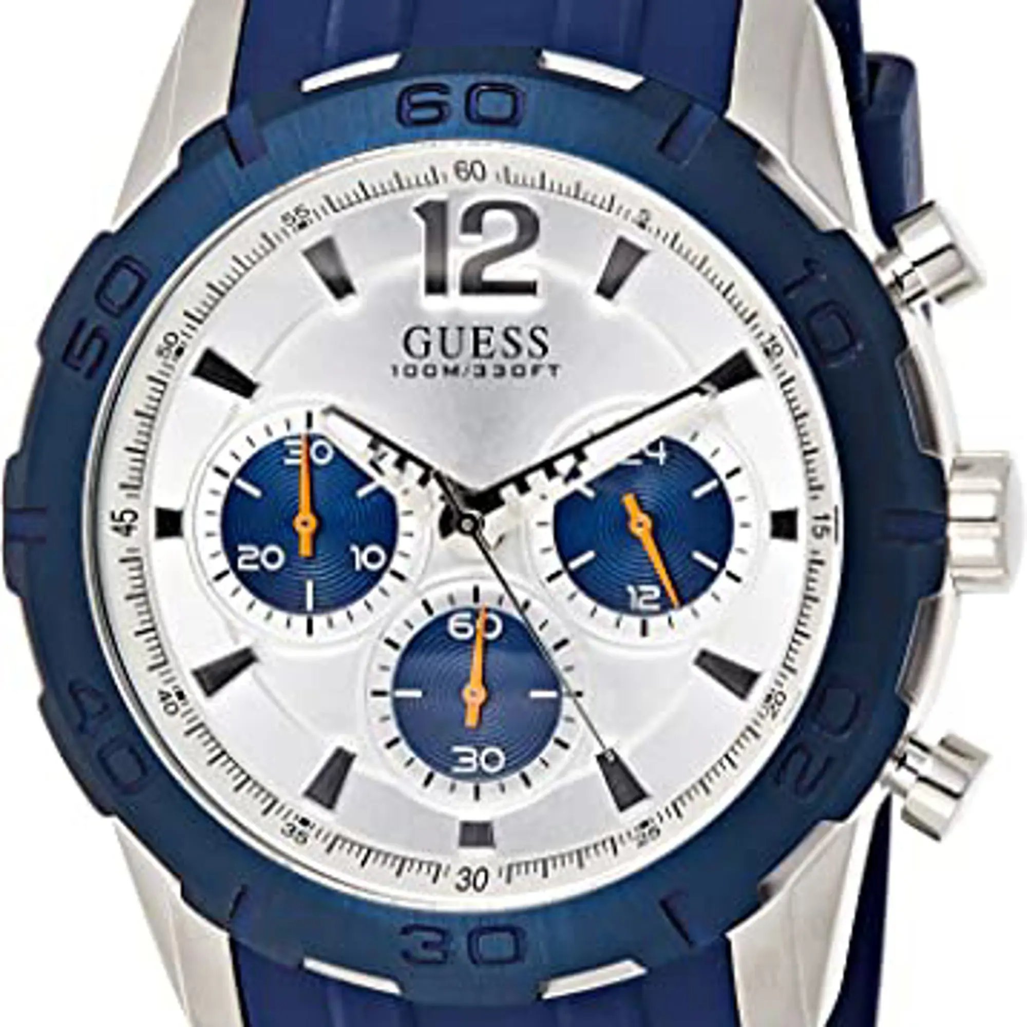 An image of a Wristwatch by GUESS. This Display Model item is designed for Men, featuring a Casual style. It has a Quartz movement and an Analog display with a Silver dial color. The indices include 12-Hour Dial,Arabic Numerals,Multi Dial,Stick Indexes. The band is made of Silicone and the case is made of Steel. The watch has a Round shape with a case size of 45 mm and a case thickness of 13 mm.