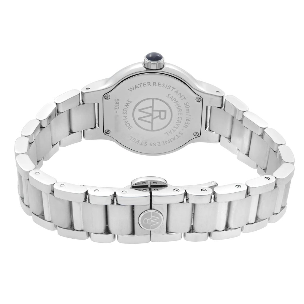An image of an unworn RAYMOND WEIL women's wristwatch, showcasing the back view with a close clasp. The watch features a round shape and is made of stainless steel material, including both the case and the band. The watch is positioned centrally in the frame, with the clasp in the foreground slightly off to the right, and the watch band extending to the left, wrapping around to suggest its wearability on a wrist. The image is taken from a close distance, with a focus on the details of the caseback and clasp.